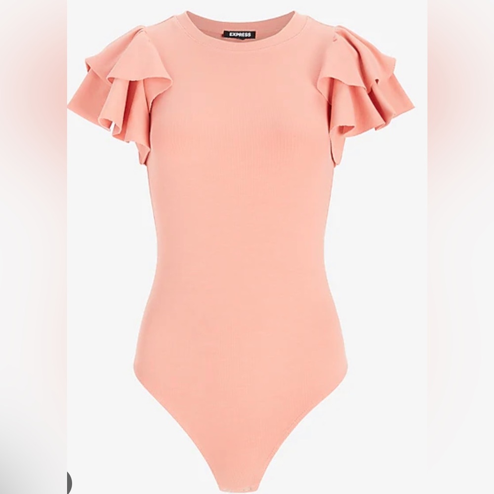 Express ribbed ruffle sleeve thong body suit
